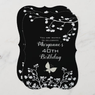 Invitación Elegante cumpleaños de mariposas en blanco y negro