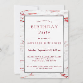 Invitación Elegante cumpleaños de mármol blanco rojo