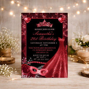 Invitación Elegante Cumpleaños de Máscara con Vestido Rojo