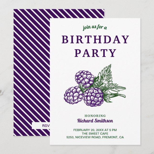 Invitación Elegante Cumpleaños de Moras Dulces (Anverso / Reverso)
