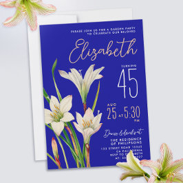 Invitación Elegante Cumpleaños de Mujer Flor de Lirio Azul Re