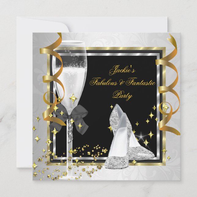 Invitación Elegante Cumpleaños de Negro Plata Oro para Cualqu (Anverso)