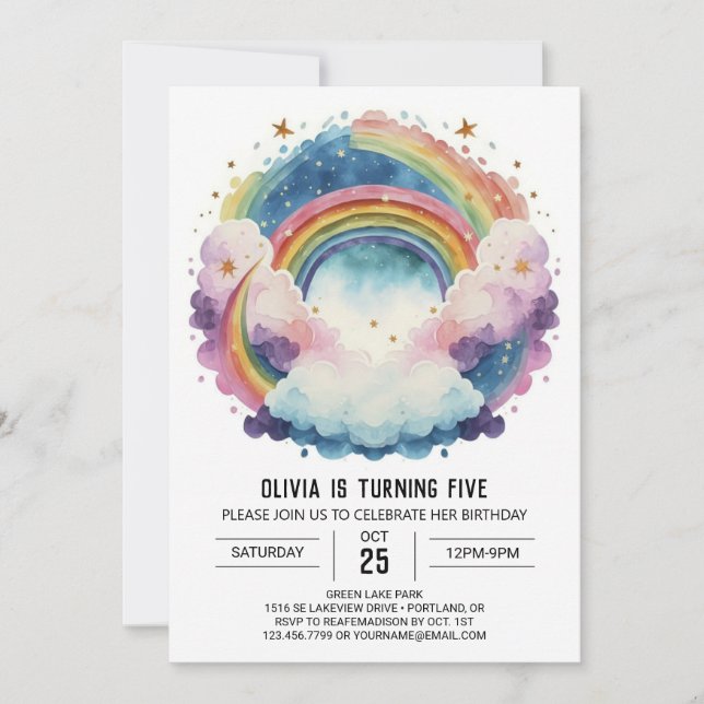Invitación Elegante cumpleaños de nubes de arcoiris (Anverso)