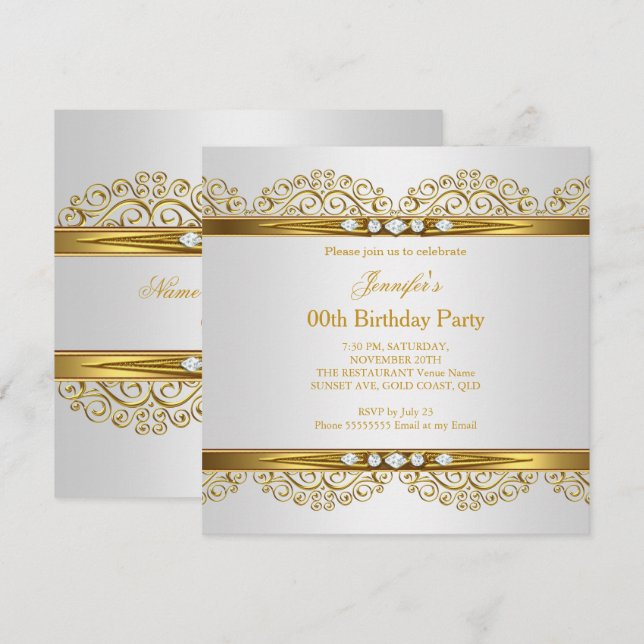 Invitación Elegante Cumpleaños de Oro Blanco Plata Diamante (Anverso / Reverso)