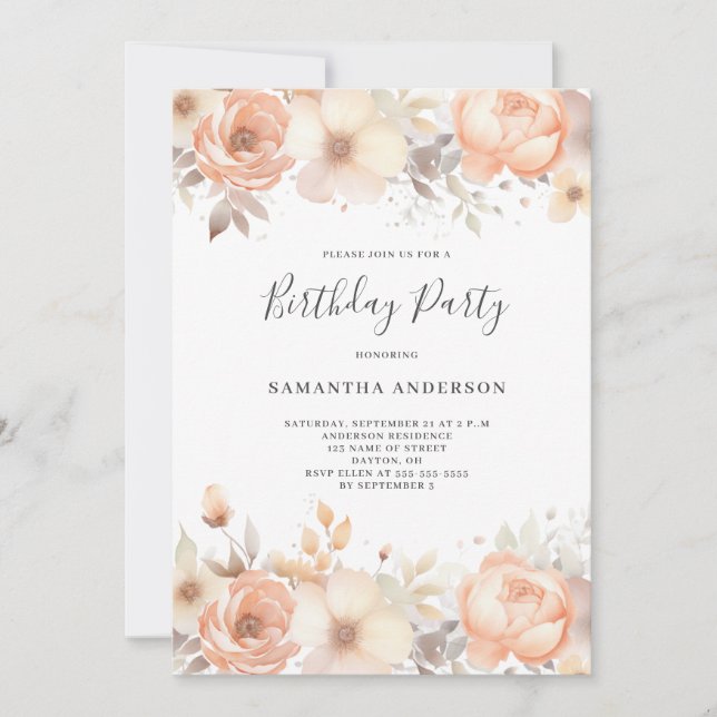 Invitación Elegante cumpleaños de Peach Floral (Anverso)
