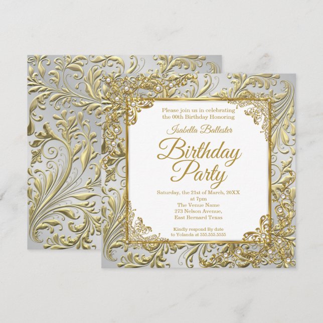 Invitación Elegante Cumpleaños de Perla Blanca Plata Dorada (Anverso / Reverso)
