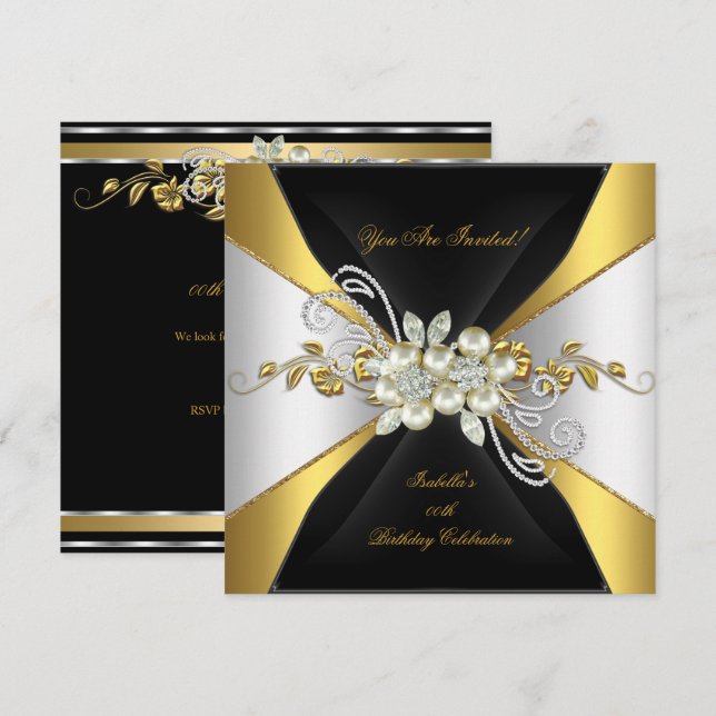Invitación Elegante Cumpleaños de Perla de Oro Plata Diamante (Anverso / Reverso)