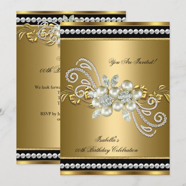 Invitación Elegante Cumpleaños de Perla Oro Plata Diamante 7 (Anverso / Reverso)