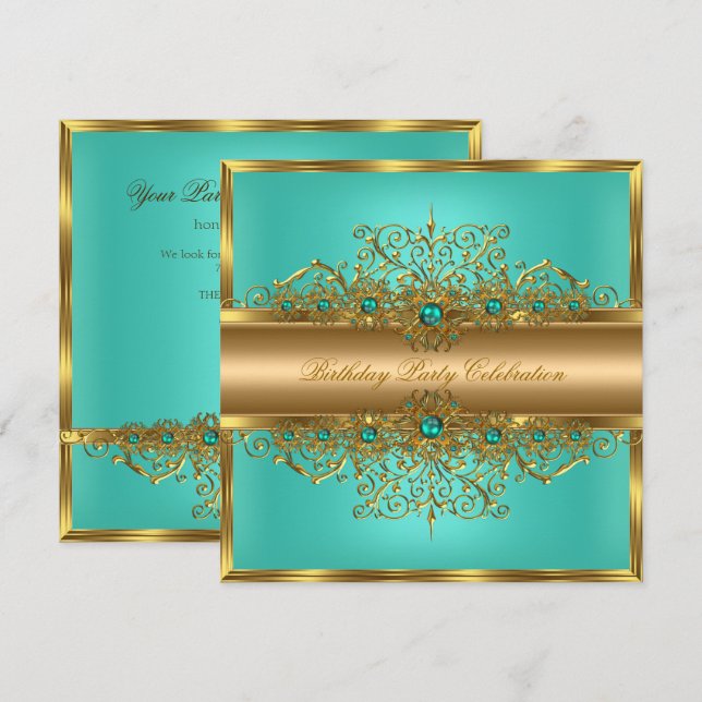 Invitación Elegante Cumpleaños de Perlas Jade Verde Dorado (Anverso / Reverso)