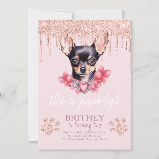 Invitación Elegante cumpleaños de perro con Purpurina (Anverso)