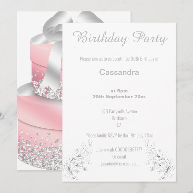 INVITACIÓN ELEGANTE CUMPLEAÑOS DE PLATA Y PURPURINA BLANCO (Anverso / Reverso)