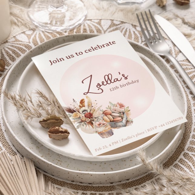 Invitación Elegante cumpleaños de primavera bohemia por té (Elegant Bohemian Birthday Party Invitation)