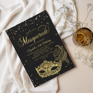 Invitación Elegante cumpleaños de Purpurina de oro negro