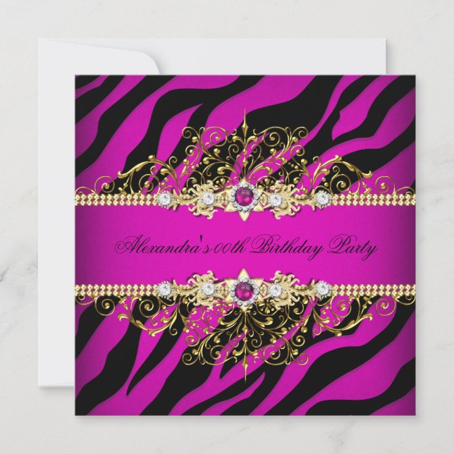 Invitación Elegante Cumpleaños de Raya de Cebra Rosa Caliente (Anverso)