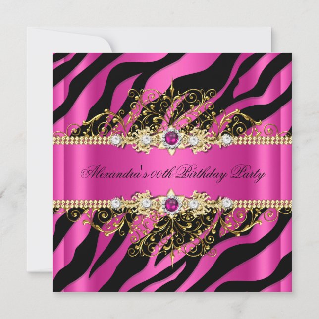 Invitación Elegante Cumpleaños de Raya de Cebra Rosa Caliente (Anverso)