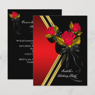 Invitación Elegante Cumpleaños de Rosas Rojas Negras y Dorada