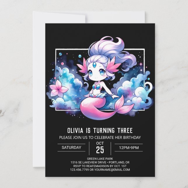 Invitación Elegante cumpleaños de sirena (Anverso)