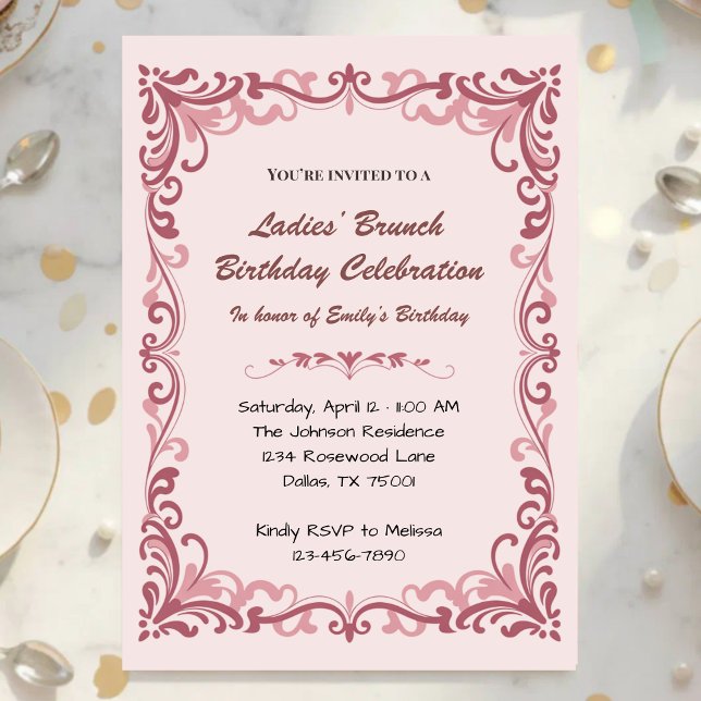 Invitación Elegante Cumpleaños de Té de Damas con Rollo Rosa (Subido por el creador)