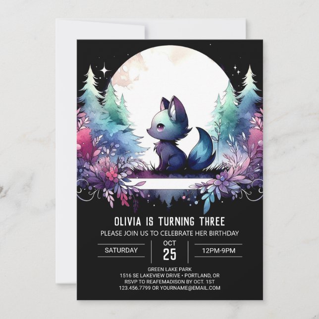Invitación Elegante cumpleaños de Whimsy Wolf (Anverso)