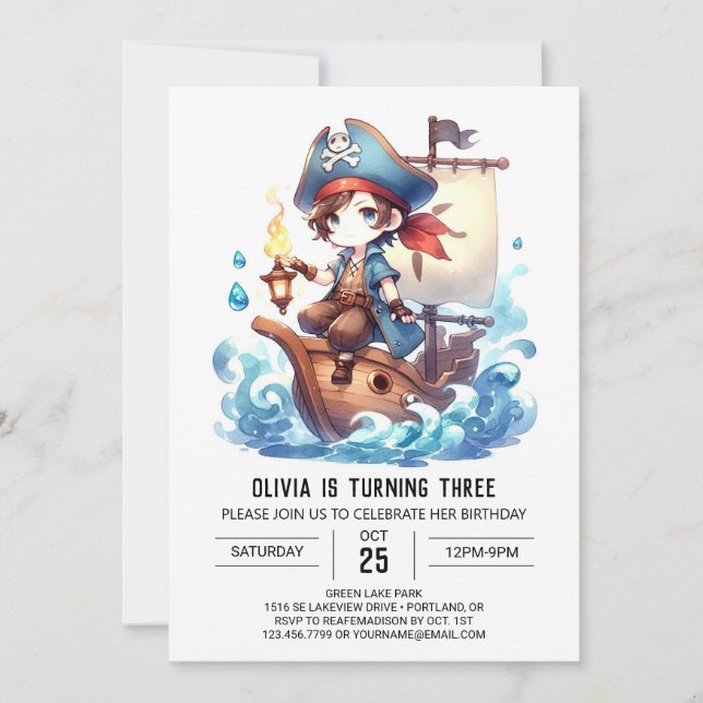 Invitación Elegante cumpleaños del Pirata Oceánico (Anverso)