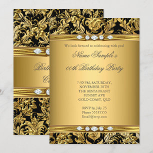 Invitación Elegante Cumpleaños Diamante Negro Damasco con Hoj