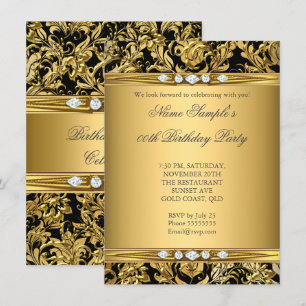 Invitación Elegante Cumpleaños Diamante Negro Damasco con Hoj