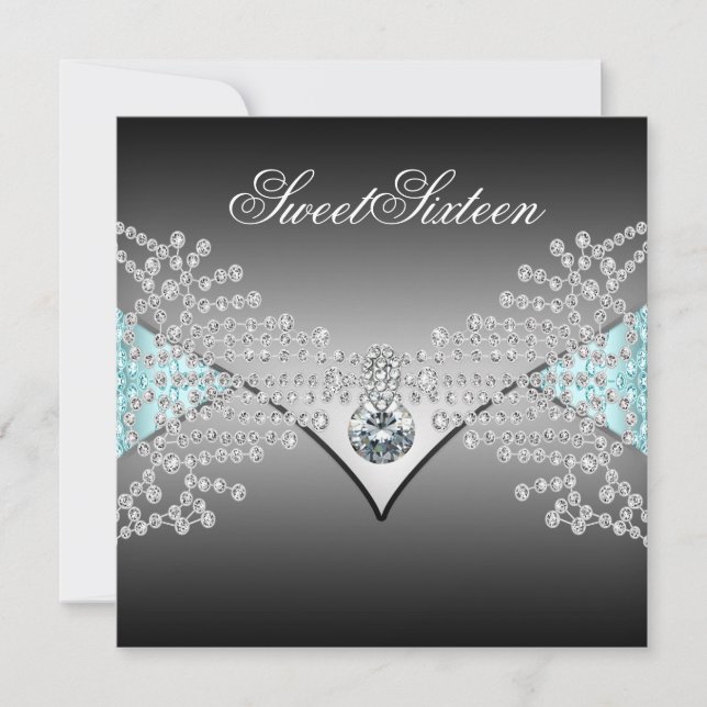 Invitación Elegante Cumpleaños Dieciséis Azul Turquesa Negro (Anverso)