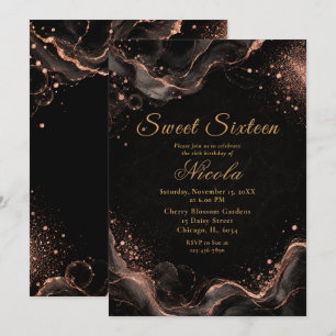 Invitación Elegante Cumpleaños Dieciséis con Negro y Rosa Dor
