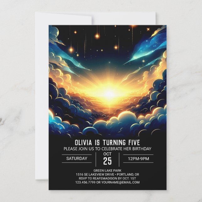 Invitación Elegante cumpleaños digital celestial (Anverso)