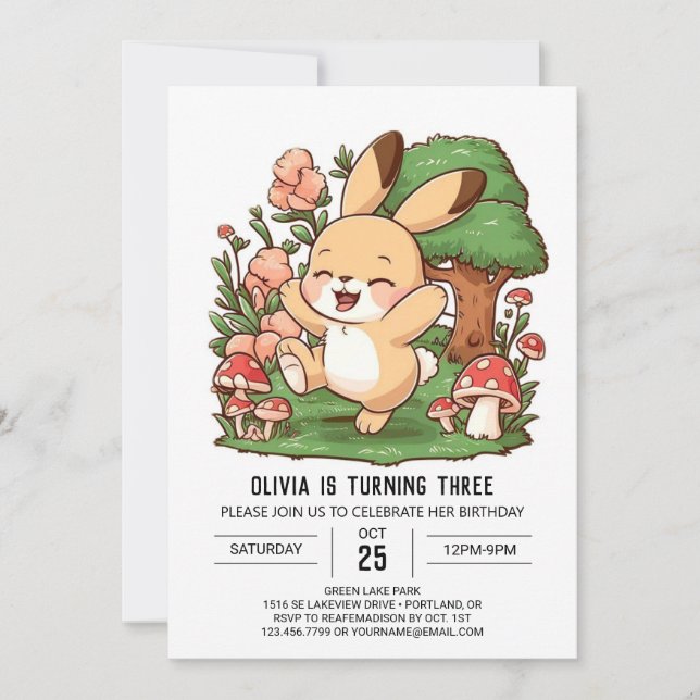 Invitación Elegante cumpleaños digital de conejo forestal (Anverso)