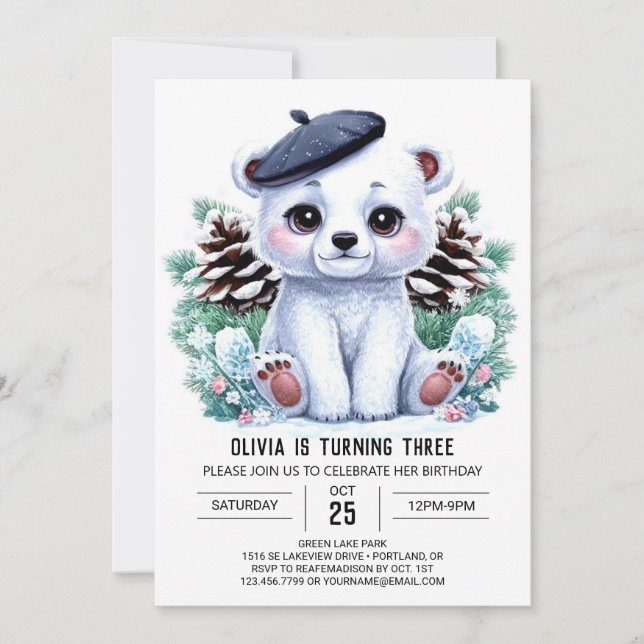 Invitación Elegante cumpleaños digital de oso polar invernal (Anverso)