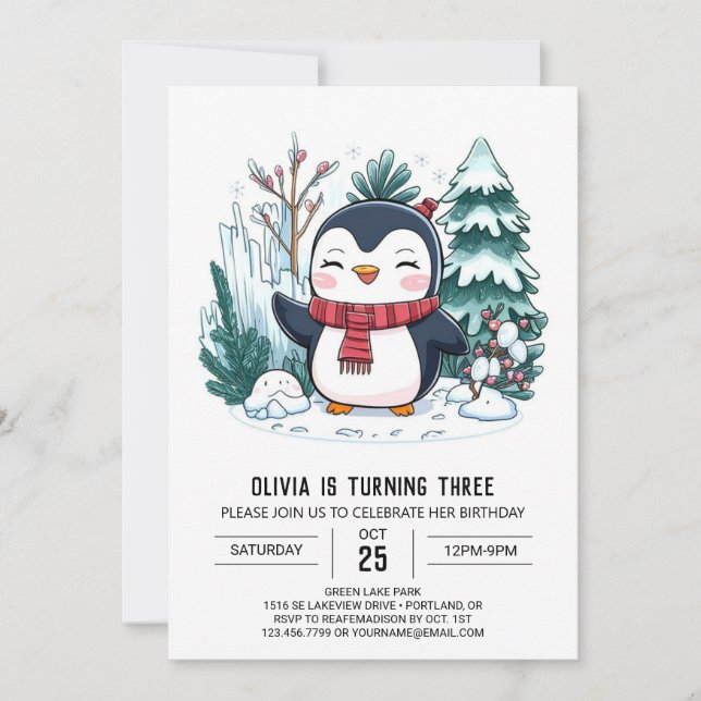 Invitación Elegante cumpleaños digital de penguín de invierno (Anverso)