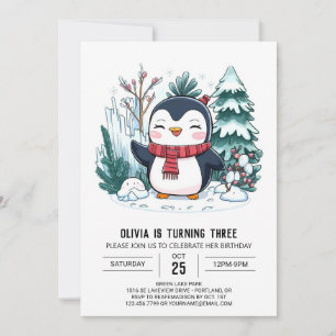 Invitación Elegante cumpleaños digital de penguín de invierno