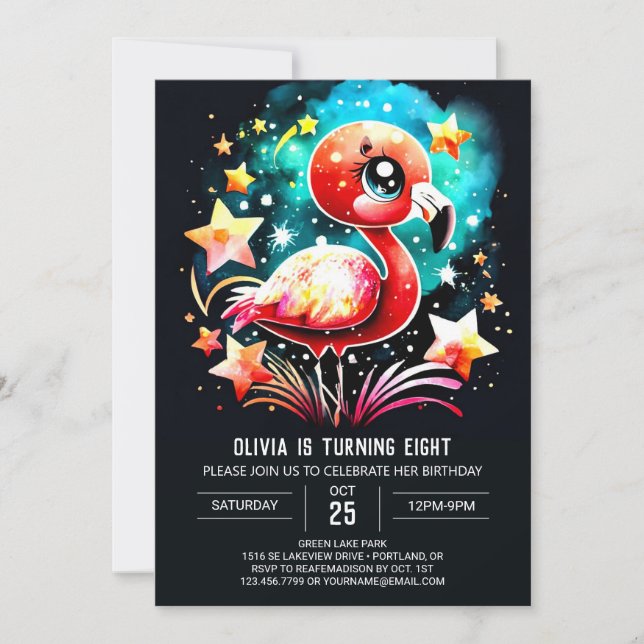 Invitación Elegante cumpleaños digital Flamingo (Anverso)