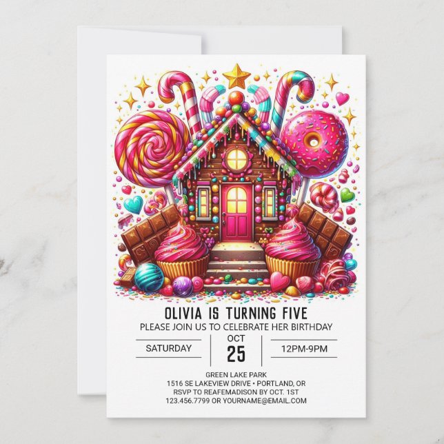 Invitación Elegante cumpleaños digital Lollipop Candyland (Anverso)