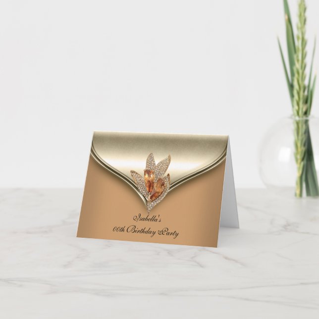 Invitación Elegante Cumpleaños Dorado Beige Caramelo Dobladil (Anverso)