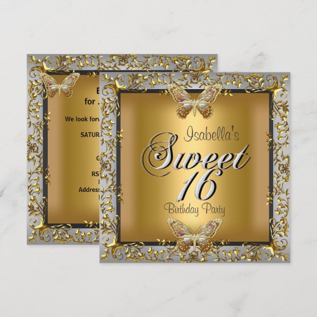 Invitación Elegante Cumpleaños Dulces Dieciséis 16 Mariposa D (Anverso / Reverso)