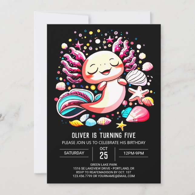Invitación Elegante cumpleaños editable en Axolotl (Anverso)