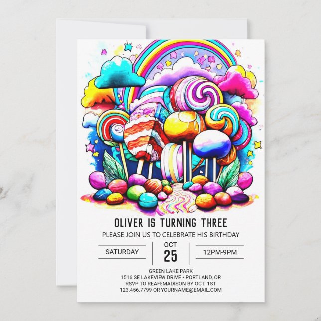 Invitación Elegante cumpleaños en línea de Candyland (Anverso)