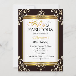 Invitación Elegante Cumpleaños Fabuloso 50 Dorado Negro Blanc