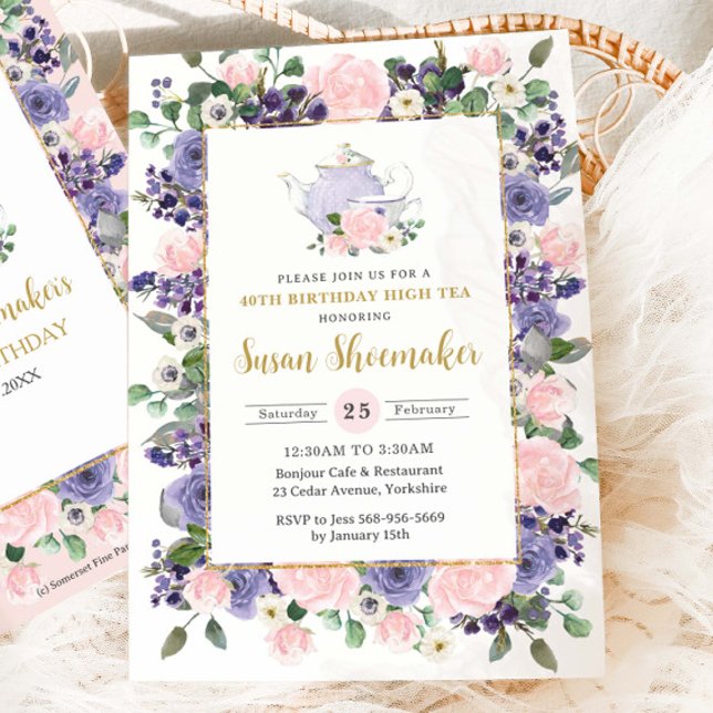 Invitación Elegante Cumpleaños Fiesta de Té Floral Rosa y Púr (elegant purple and blush pink floral birthday high tea party invitation card)