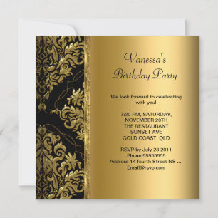 Invitación Elegante Cumpleaños Fiesta Dorado Negro Damasco Fl