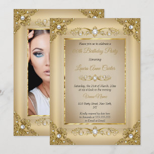 Invitación Elegante Cumpleaños Fiesta Foto Perla Beige Dorado