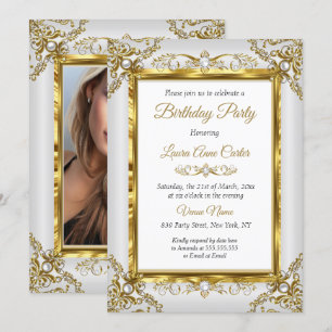 Invitación Elegante Cumpleaños Fiesta Foto Perla Gris Dorado