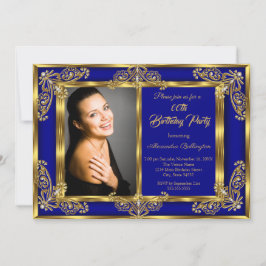 Invitación Elegante Cumpleaños Fiesta Foto Royal Azul Oro Gem