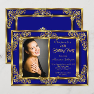 Invitación Elegante Cumpleaños Fiesta Foto Royal Azul Oro Gem