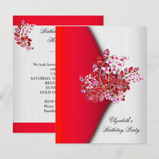 Invitación Elegante Cumpleaños Fiesta Joyas Rosa Rojo Blanco (Anverso / Reverso)