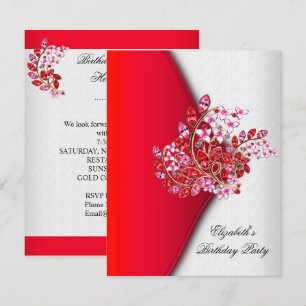 Invitación Elegante Cumpleaños Fiesta Joyas Rosa Rojo Blanco