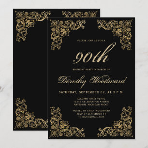 Invitación Elegante Cumpleaños Fiesta Negro Marco de Oro