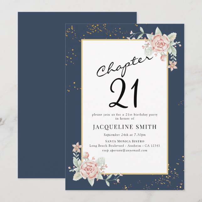 Invitación Elegante cumpleaños Floral 21 (Anverso / Reverso)